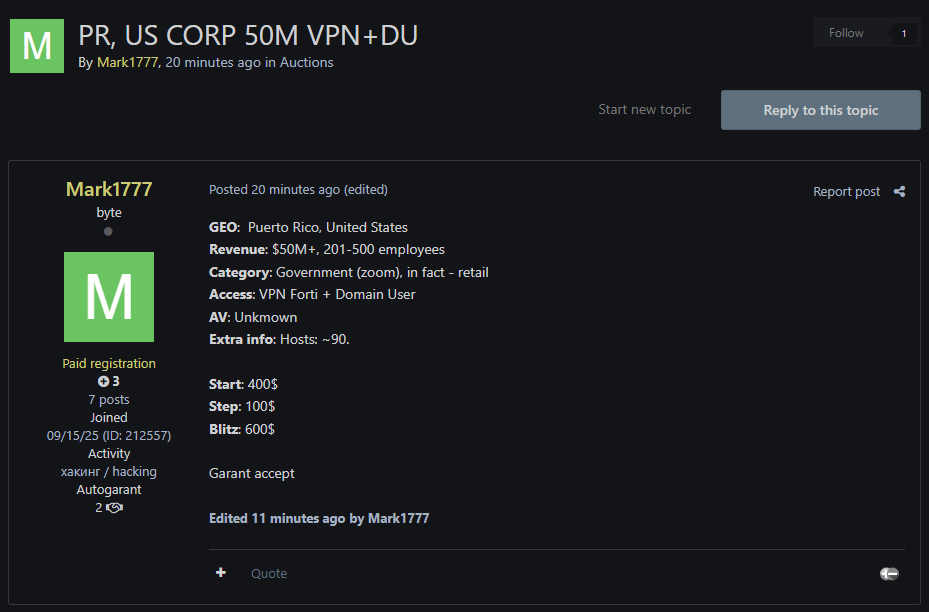 涉嫌向美国和波多黎各的身份不明的组织出售未经授权的forti vpn访问权限-xLab 威胁情报