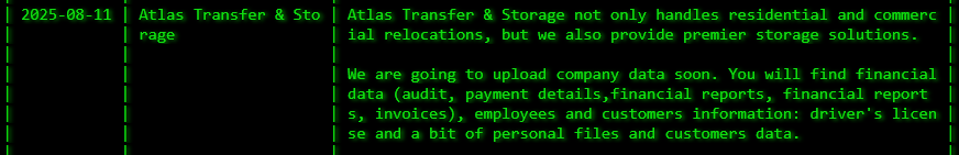 Atlas Transfer&Storage Co.成为Akira勒索软件的受害者-xLab 威胁情报
