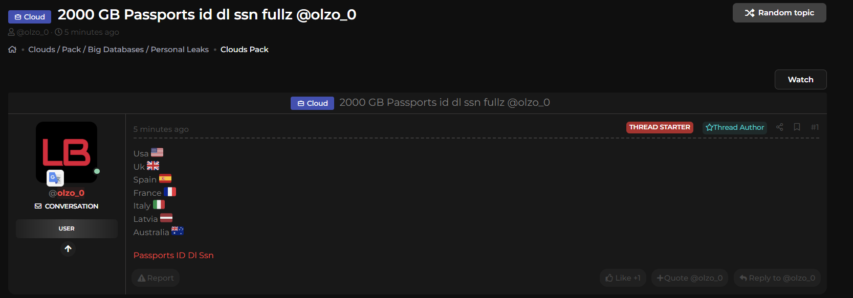 涉嫌出售护照、身份证、驾照和SSN-xLab 威胁情报