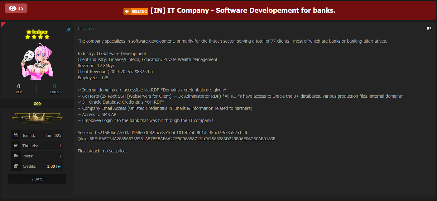涉嫌向一家身份不明的印度IT公司出售访问权限-xLab 威胁情报