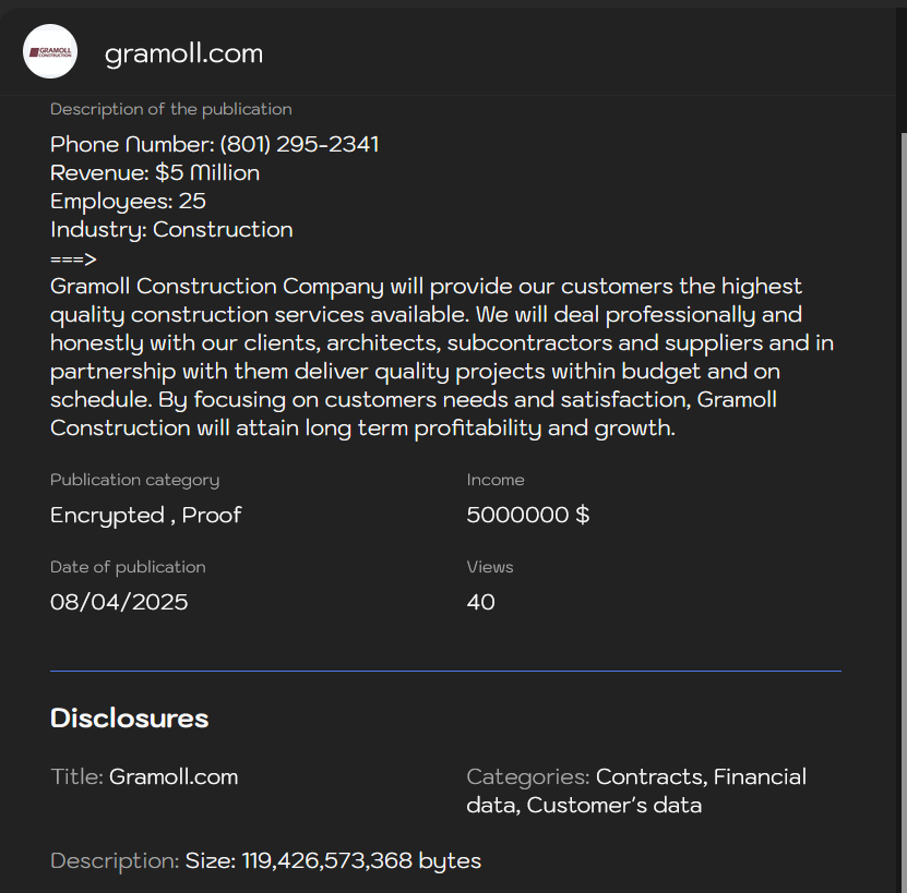 Gramoll Construction成为LYNX勒索软件的受害者-xLab 威胁情报