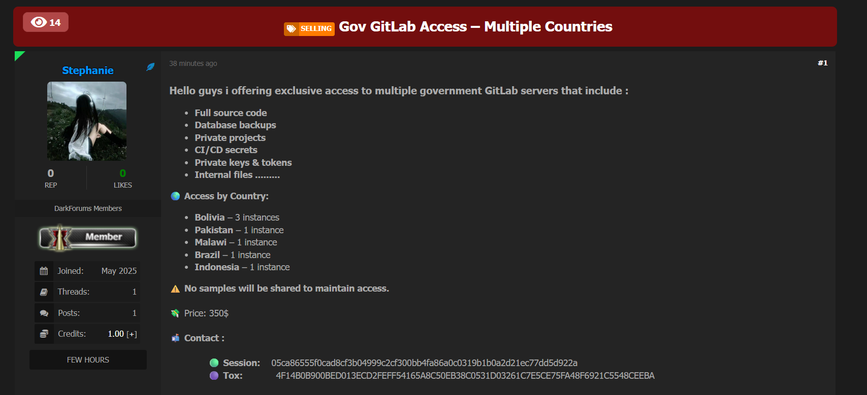 涉嫌出售未经授权访问多个政府GitLab servers-xLab 威胁情报