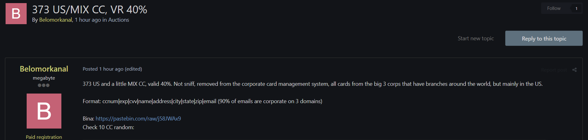 涉嫌出售373张公司支付卡-xLab 威胁情报
