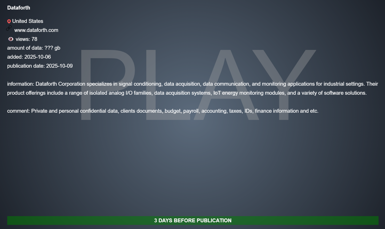 Dataforth Corporation成为PLAY勒索软件的受害者-xLab 威胁情报