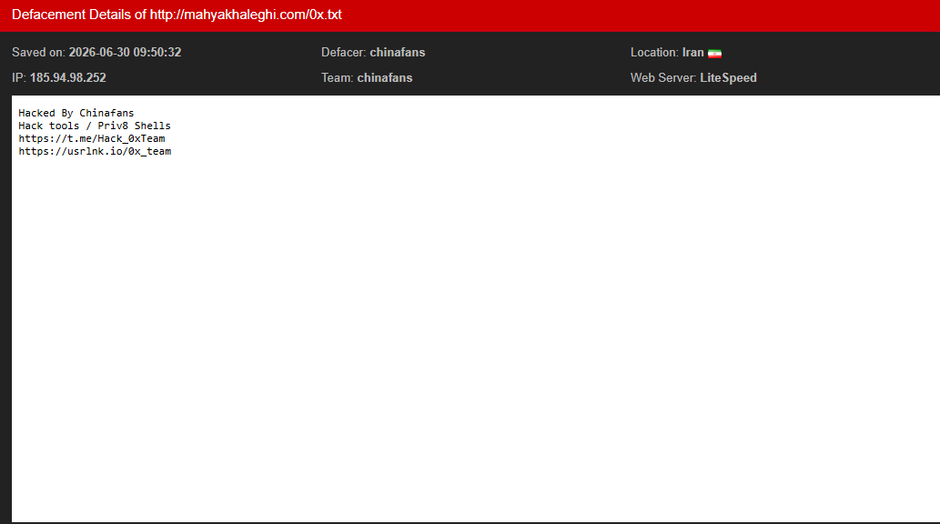 chinafans targets the website of Mahya Khaleghi-xLab 威胁情报