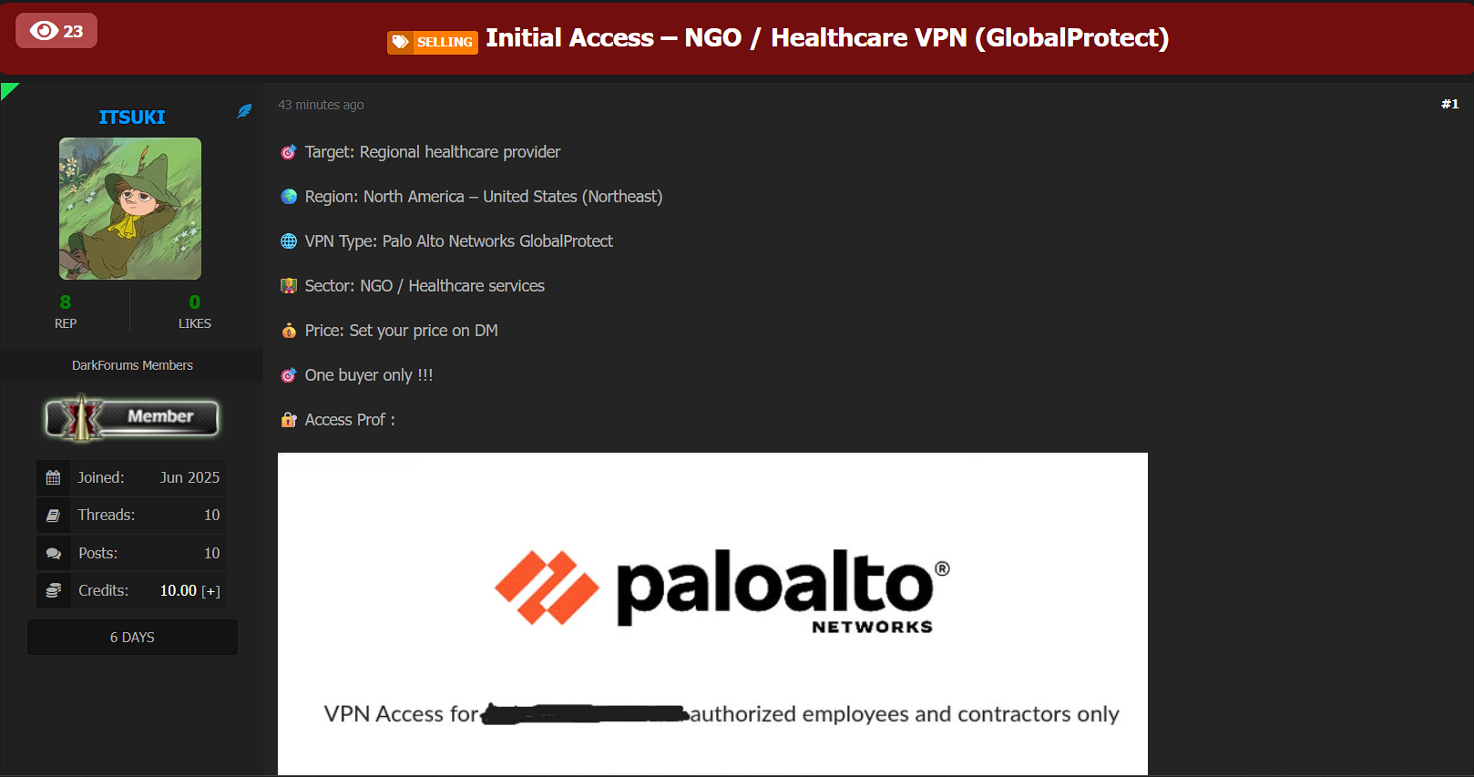 涉嫌向北美一家身份不明的医疗保健提供商出售GlobalProtect VPN访问权限-xLab 威胁情报