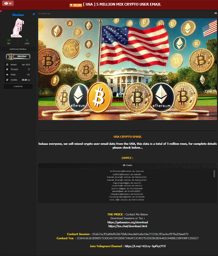 涉嫌出售500万封来自美国的加密user电子邮件-xLab 威胁情报
