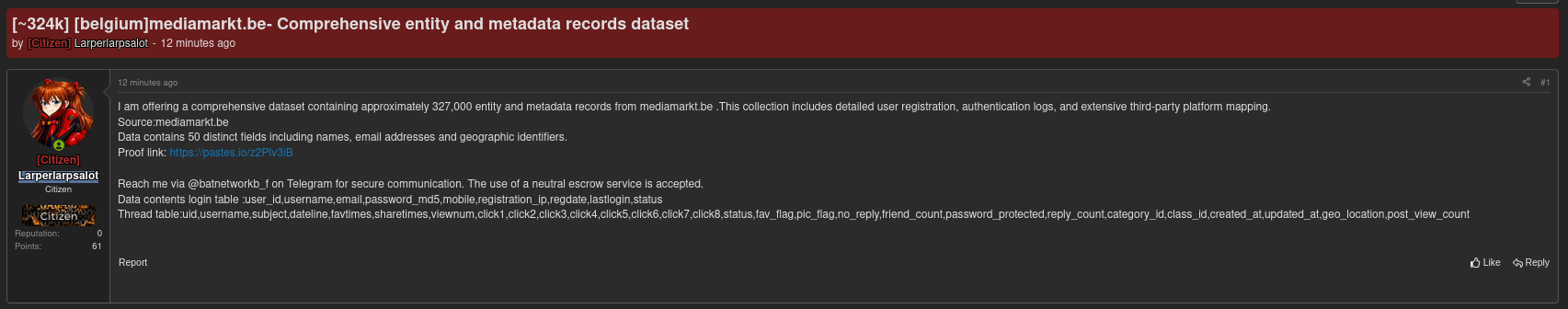 Alleged data sale of MediaMarkt-xLab 威胁情报