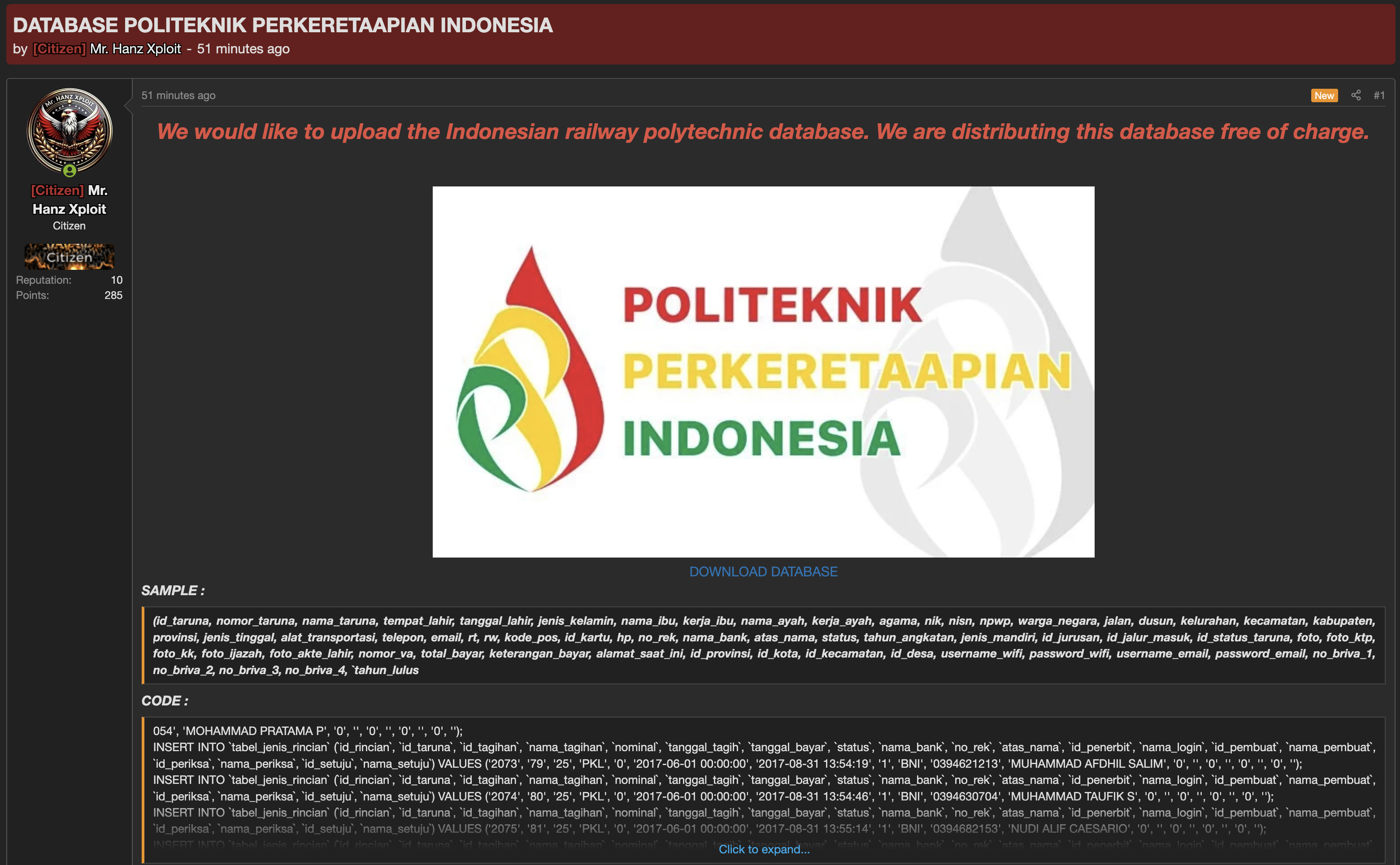Alleged data breach of Politeknik Perkeretaapian-xLab 威胁情报