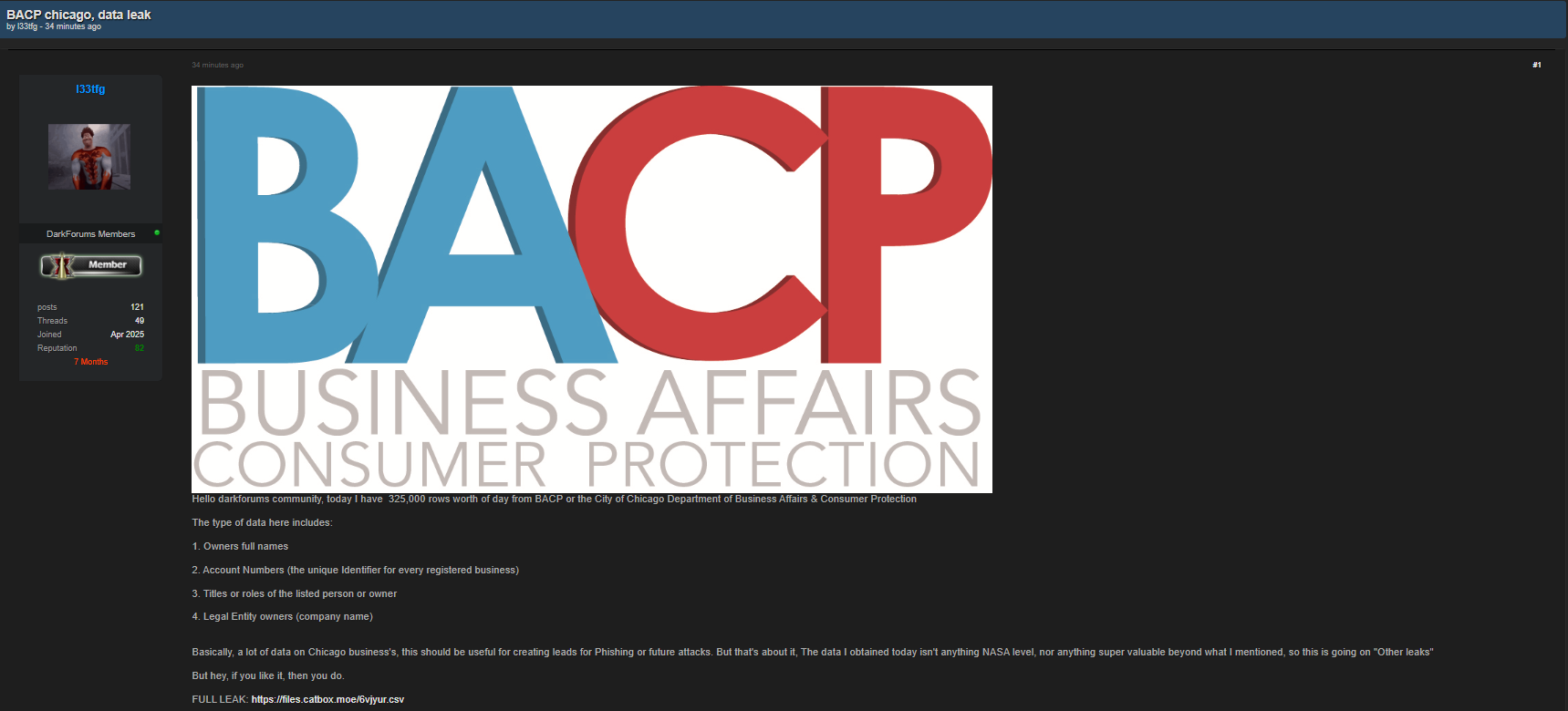 芝加哥商业事务和消费者保护部涉嫌数据外泄-xLab 威胁情报