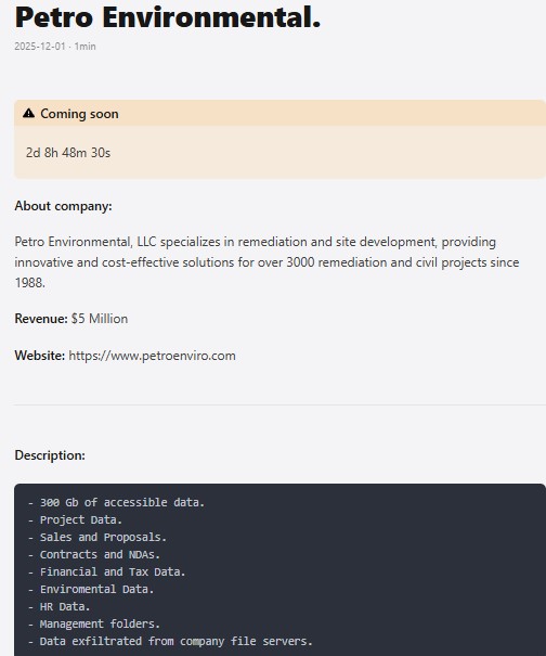 PETRO Environmental,LLC成为GENESIS勒索软件的受害者-xLab 威胁情报
