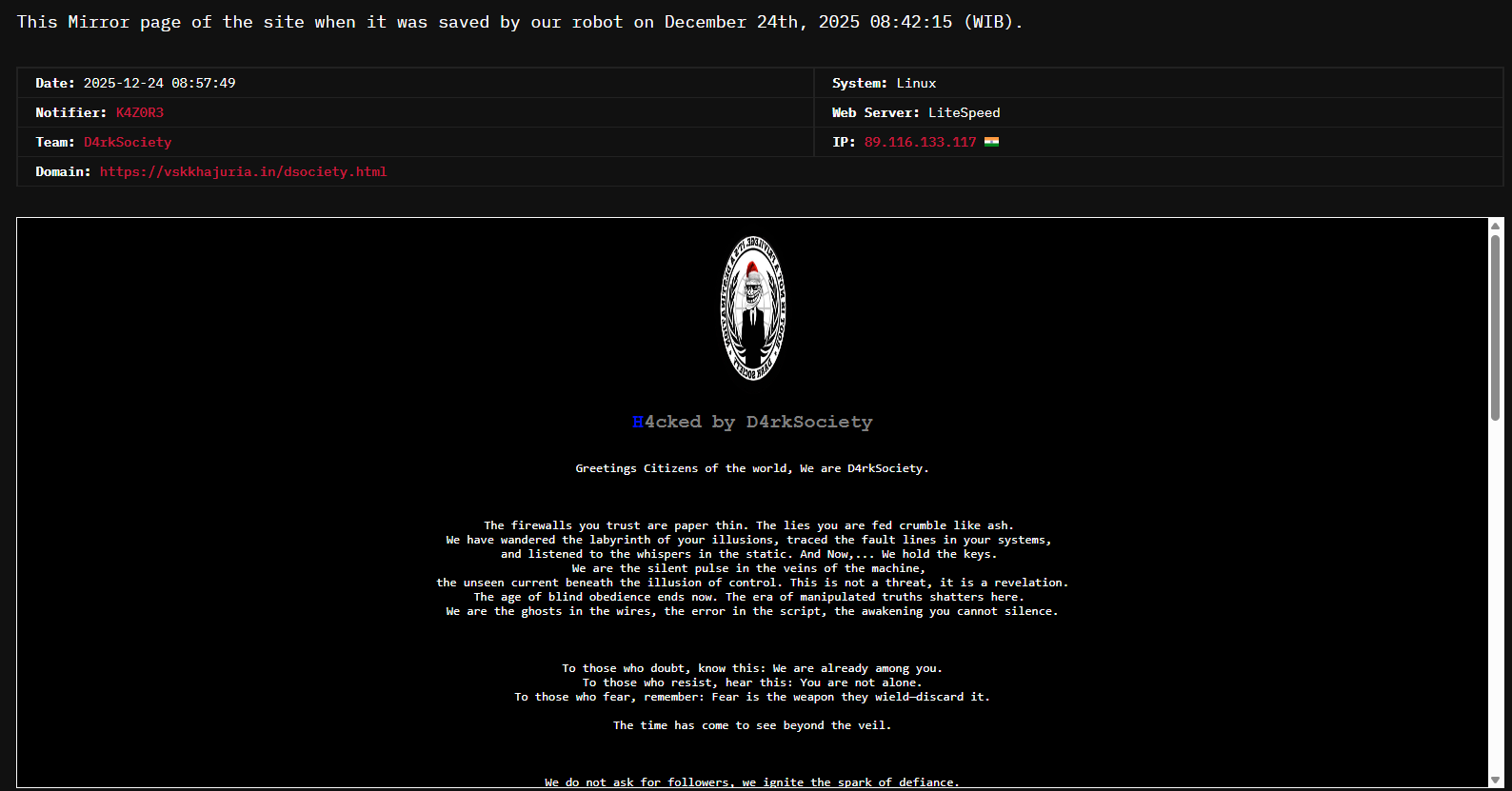 D4rkSociety瞄准卡朱里亚VIVEKANANDA SHIKSHA KENDRA的网站-xLab 威胁情报