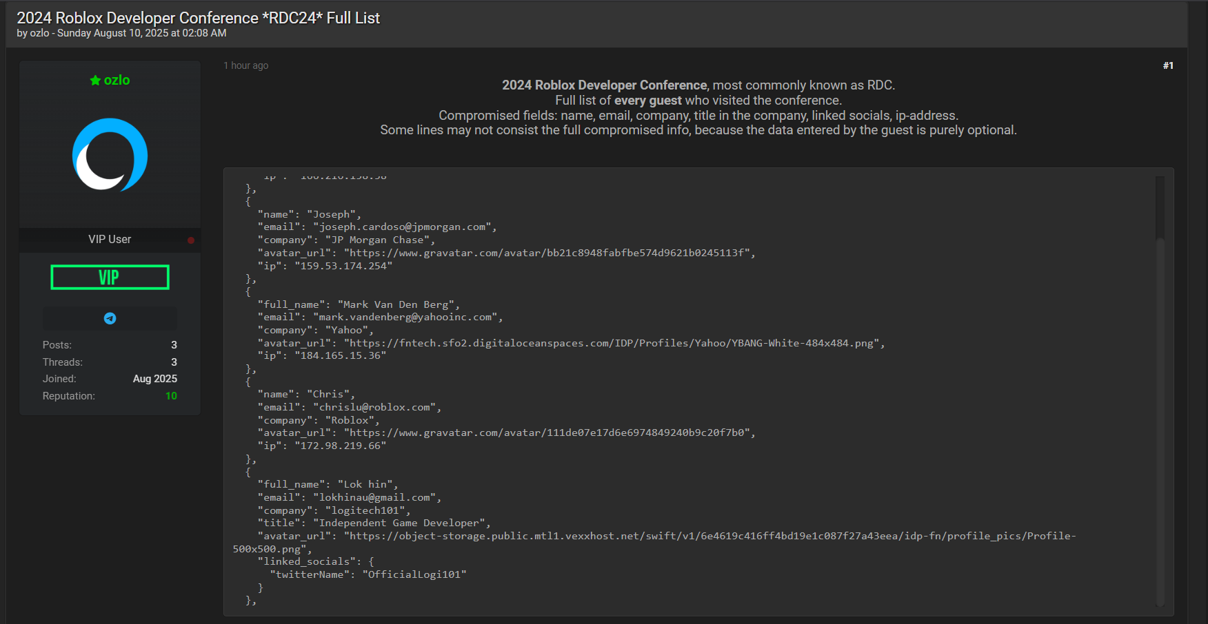 涉嫌出售Roblox开发者大会guest名单-xLab 威胁情报