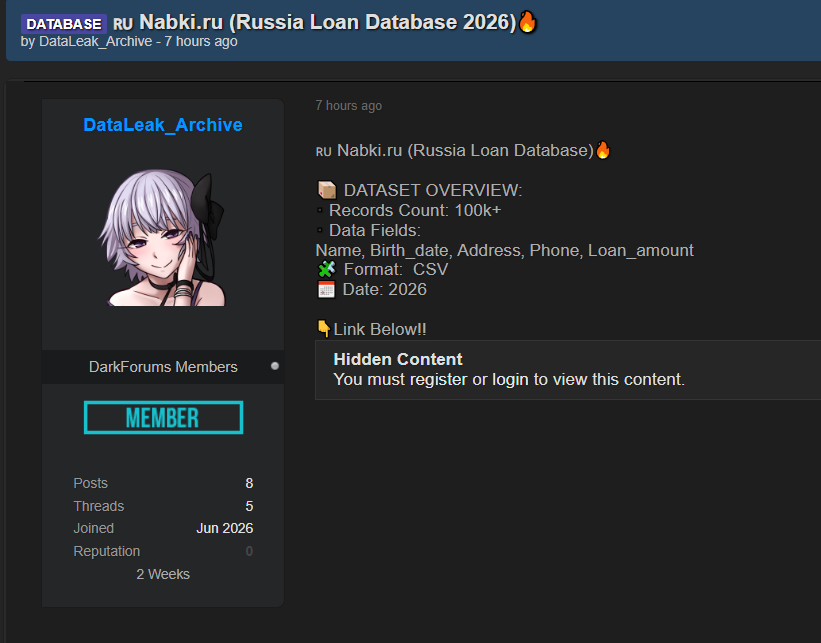Alleged breach of Nabki.ru Russia Loan Database-xLab 威胁情报