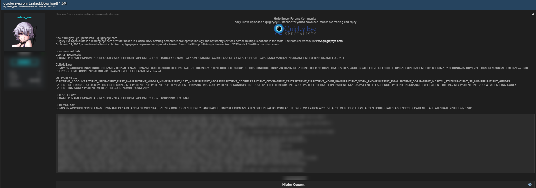 Quigley眼科专家涉嫌数据泄露-xLab 威胁情报