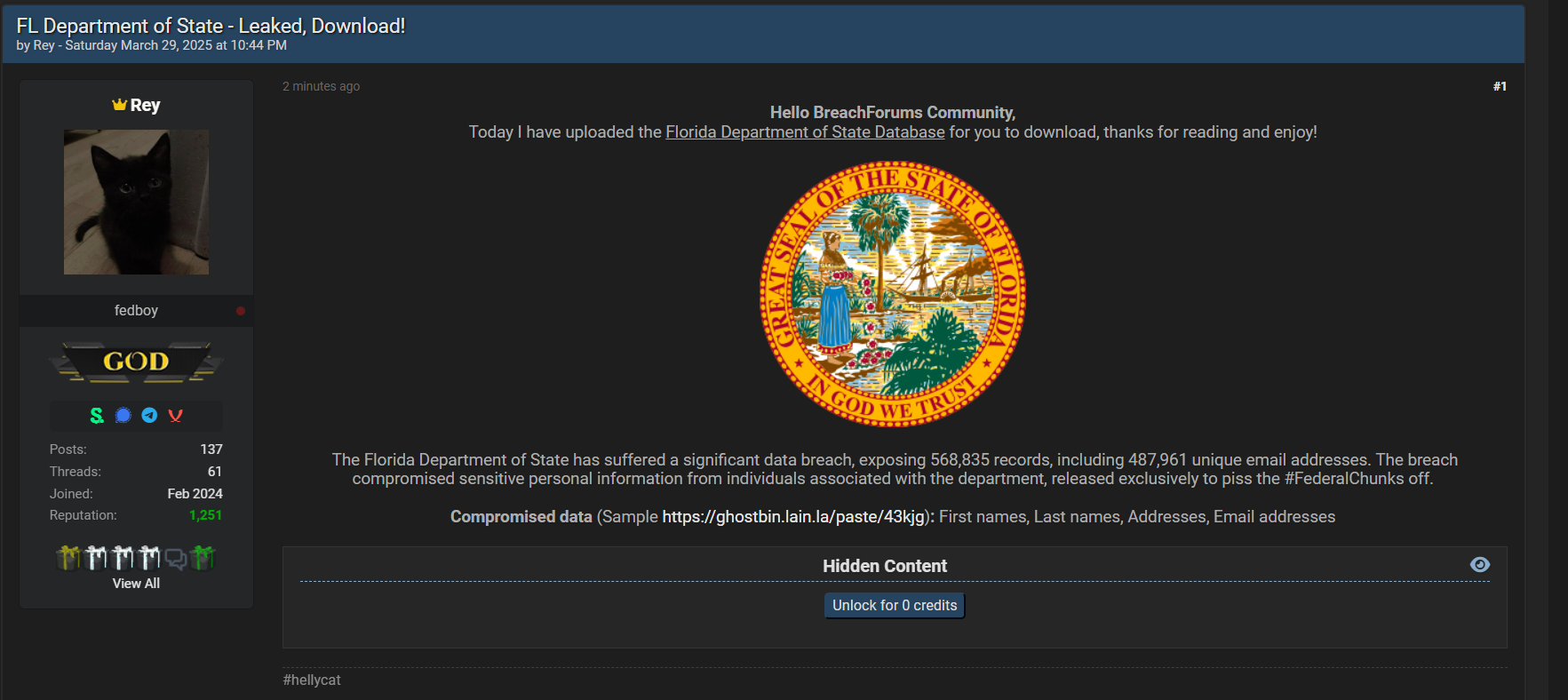 涉嫌出售佛罗里达州国务院的数据-xLab 威胁情报