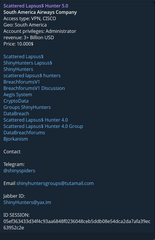 涉嫌向South美国航空公司出售思科VPN管理员访问权限-xLab 威胁情报