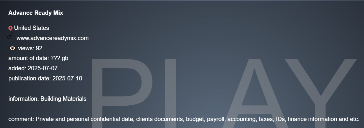 Advance Ready Mix成为PLAY勒索软件的受害者-xLab 威胁情报