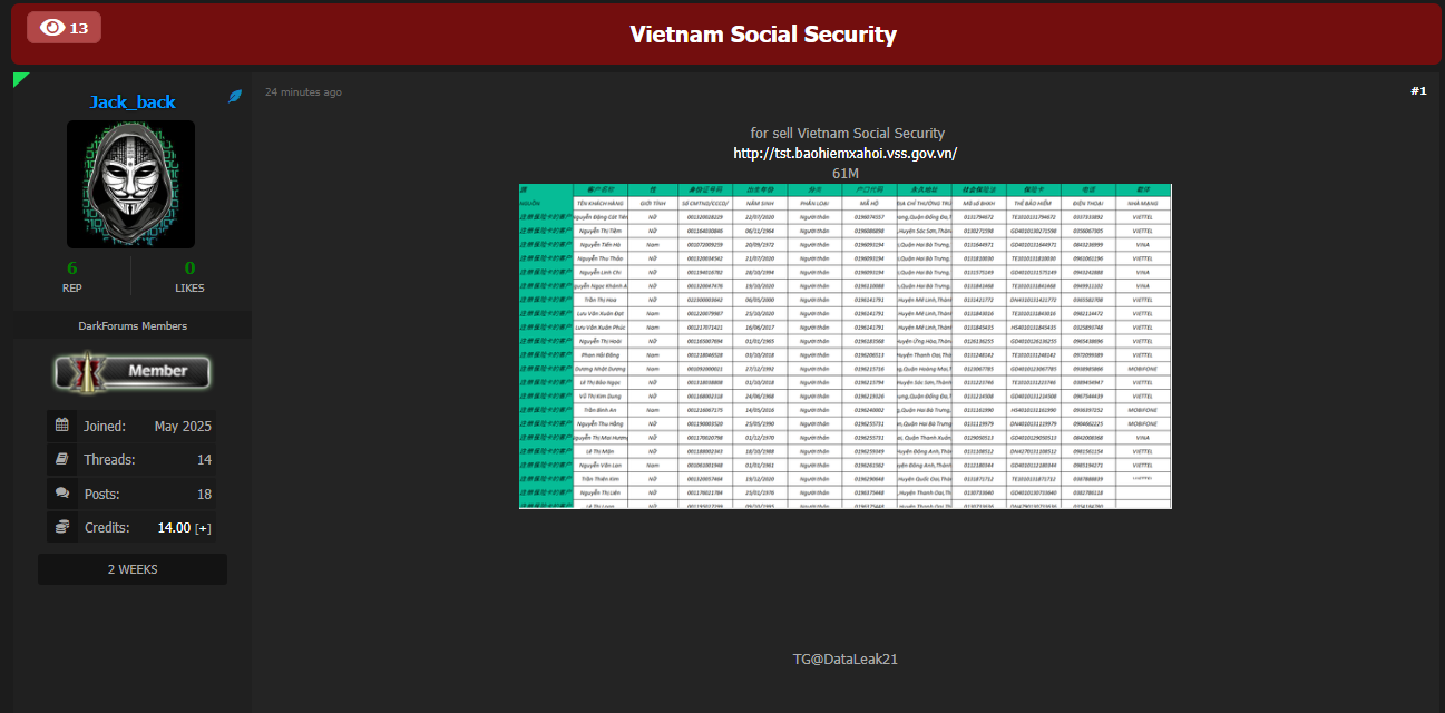 涉嫌出售6100万越南社会保障数据-xLab 威胁情报