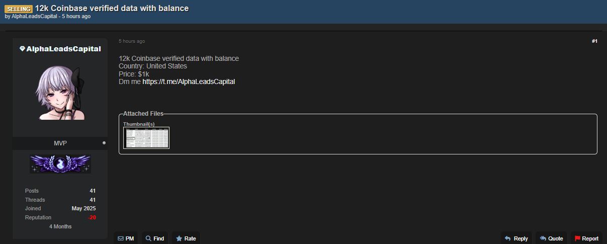 涉嫌出售美国12K Coinbase数据-xLab 威胁情报