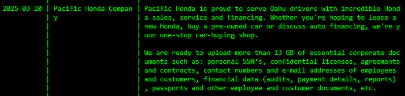 太平洋本田成为Akira勒索软件的受害者-xLab 威胁情报