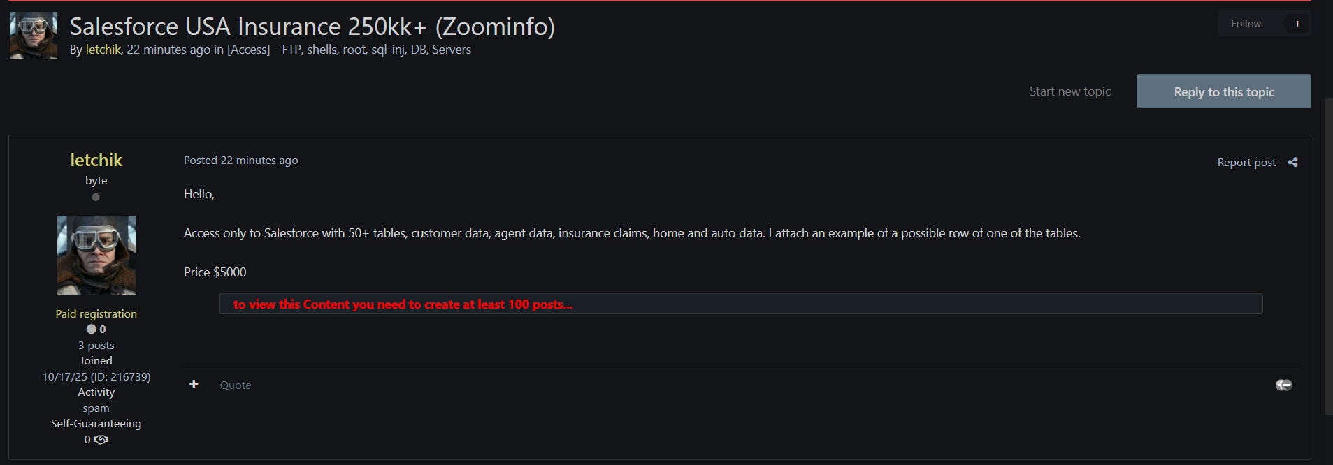 涉嫌出售未经授权访问美国insurance Salesforce数据库的权限-xLab 威胁情报