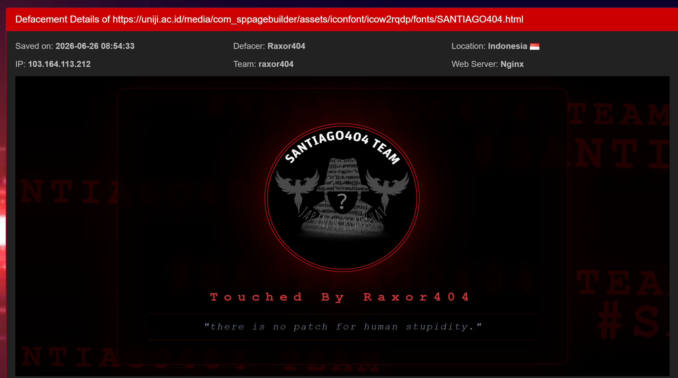 Raxor404 targets the website of University of Jakarta International-xLab 威胁情报