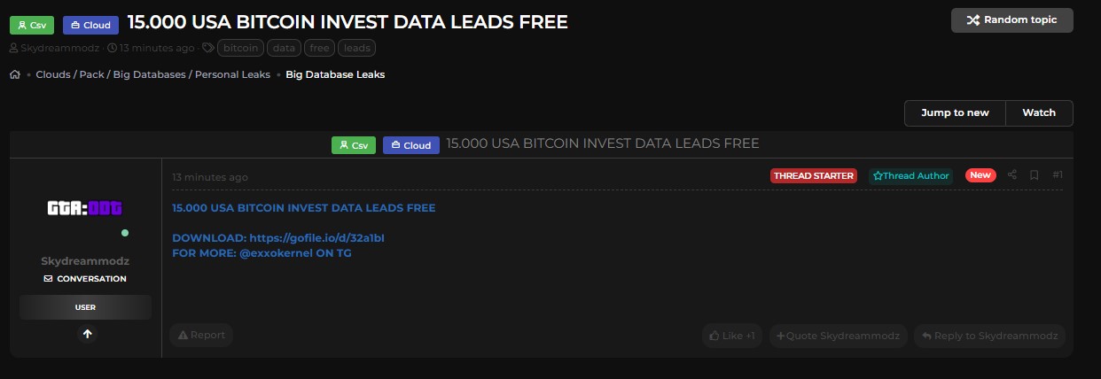 据称从美国泄露比特币投资者线索-xLab 威胁情报