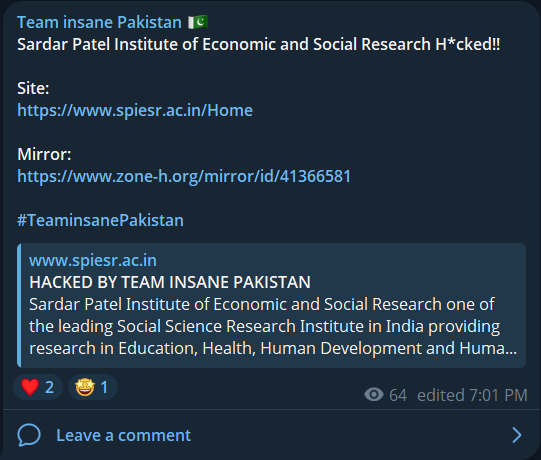 Team insane Pakistan针对萨达尔·帕特尔经济和社会研究所（SPIESR）网站-xLab 威胁情报