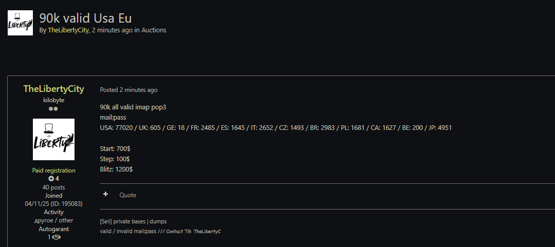 涉嫌出售来自多个国家的电子邮件凭据-xLab 威胁情报