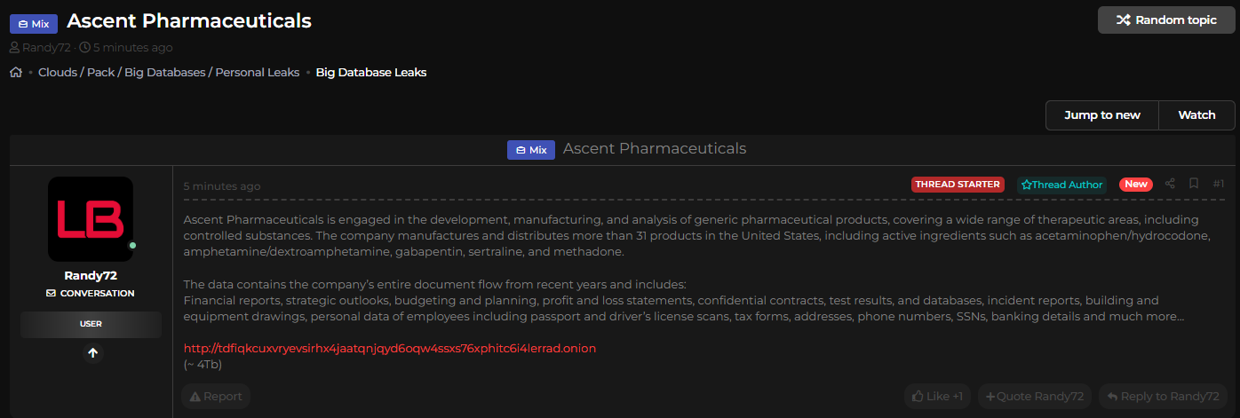 Ascent Pharmaceuticals涉嫌数据库泄露-xLab 威胁情报
