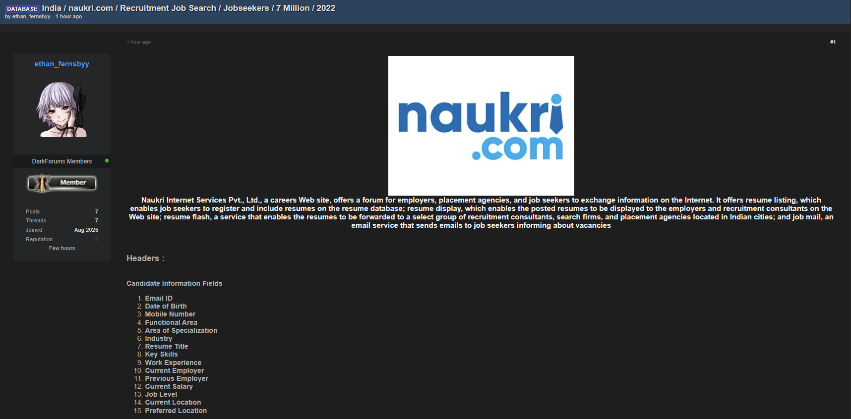 涉嫌出售Naukri.com的数据-xLab 威胁情报