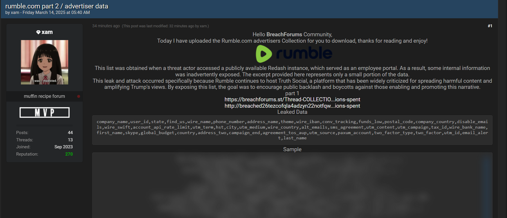 Rumble涉嫌数据泄漏-xLab 威胁情报