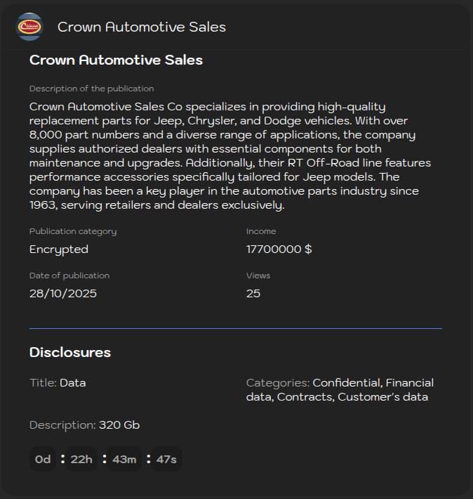 Inc.皇冠汽车销售公司成为Sinobi勒索软件的受害者-xLab 威胁情报