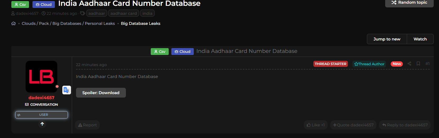 涉嫌出售印度Aadhaar数据库-xLab 威胁情报