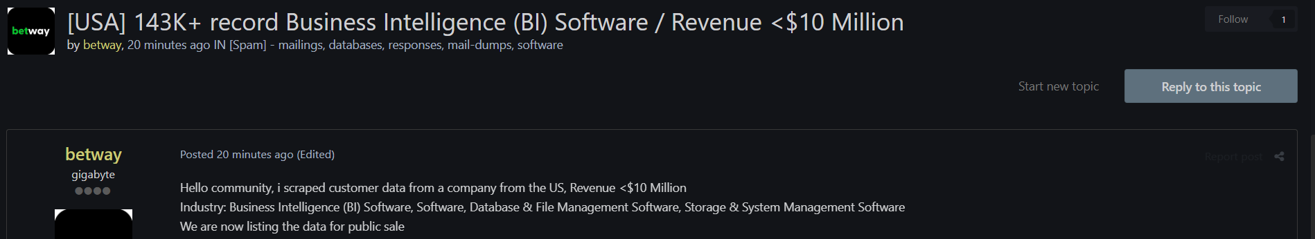 涉嫌出售美国商业智能(BI)软件公司的客户记录-xLab 威胁情报