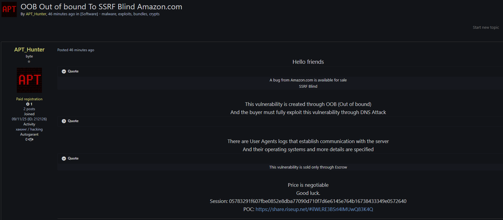 涉嫌在亚马逊子域中出售盲目SSRF漏洞-xLab 威胁情报