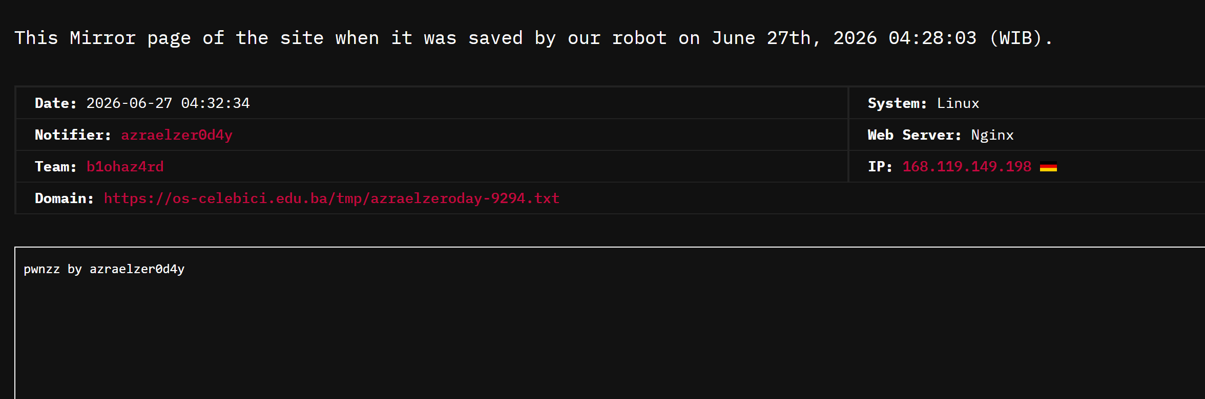 azraelzer0d4y targets the website of JU Elementary School 