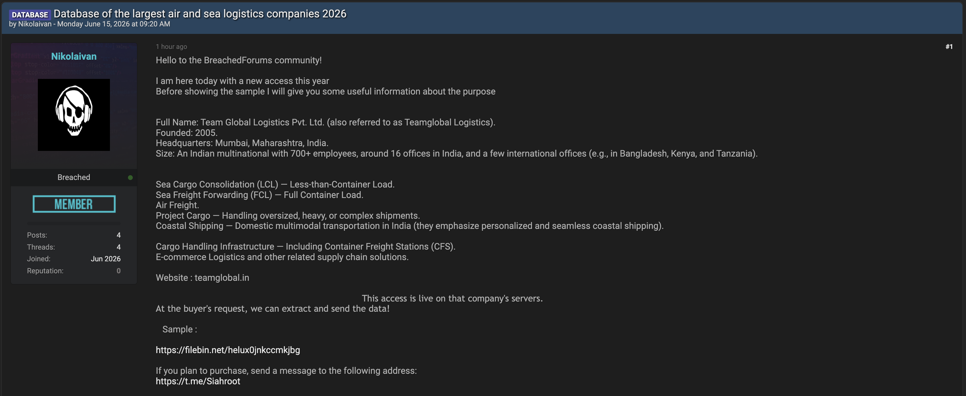 Alleged Data Breach of Team Global Logistics Pvt. Ltd.-xLab 威胁情报