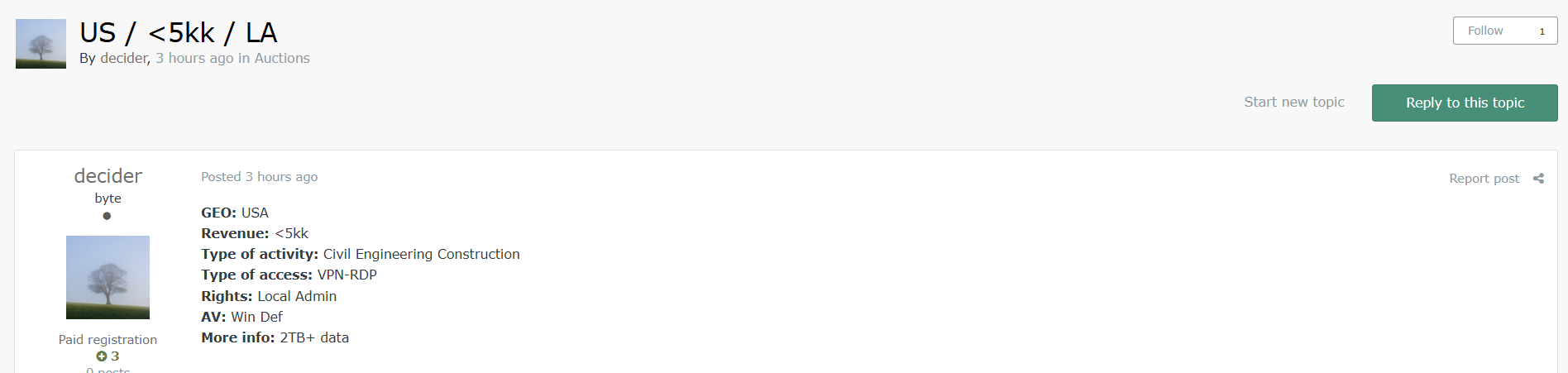 涉嫌向美国一家身份不明的土木工程建筑公司出售VPN接入。-xLab 威胁情报