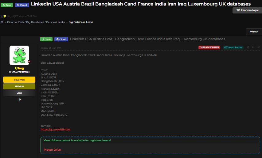 涉嫌从多个国家出售LinkedIn数据库-xLab 威胁情报