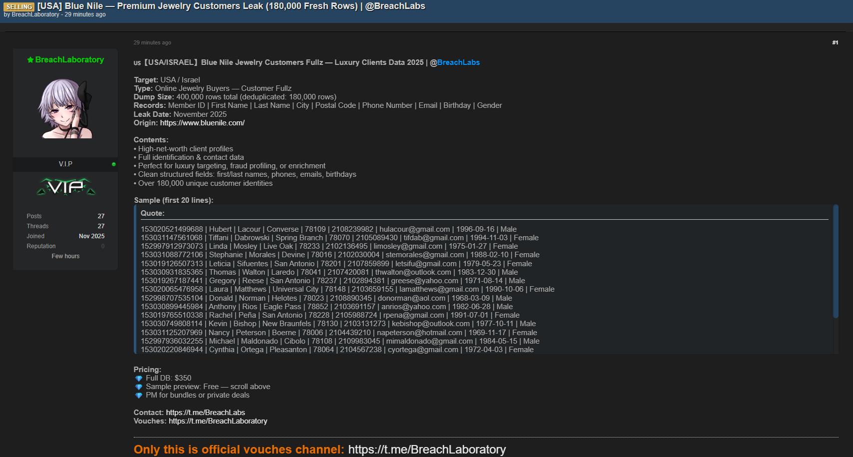 Blue尼罗河Inc.涉嫌数据出售-xLab 威胁情报