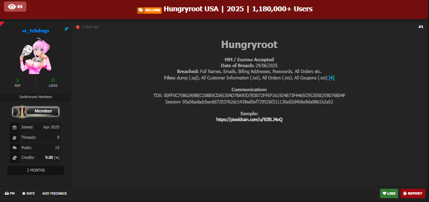 涉嫌出售Hungryroot的数据-xLab 威胁情报