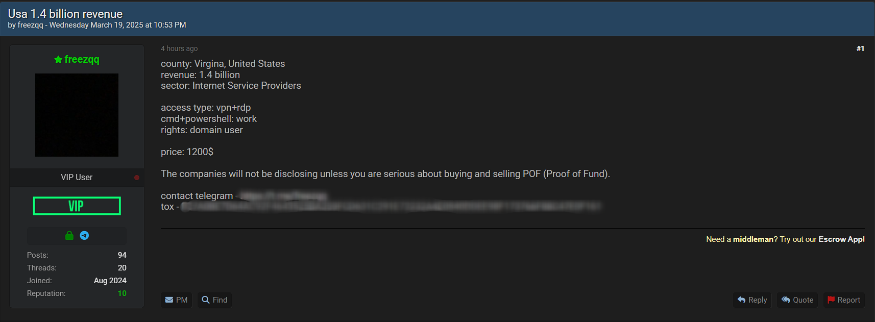 涉嫌向美国一家身份不明的互联网服务提供商出售访问权限。-xLab 威胁情报