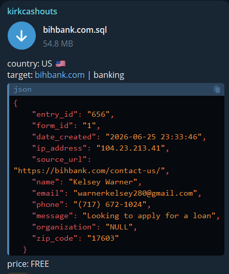 Alleged data breach of Bird-in-Hand Bank-xLab 威胁情报