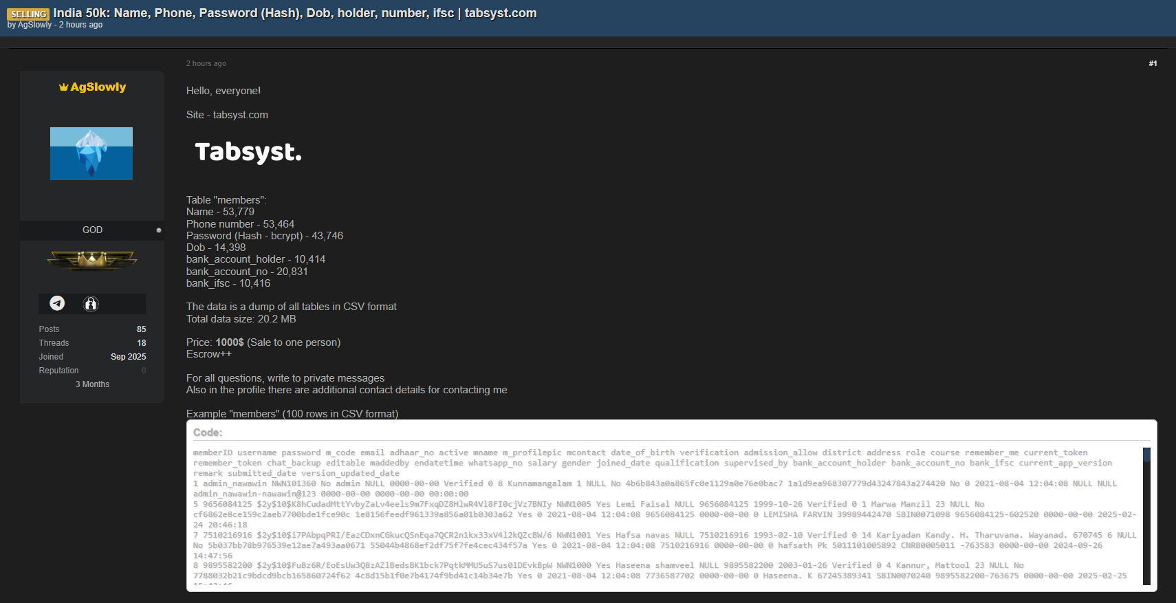 Tabsyst Enterprise Solutions LLP涉嫌出售数据-xLab 威胁情报