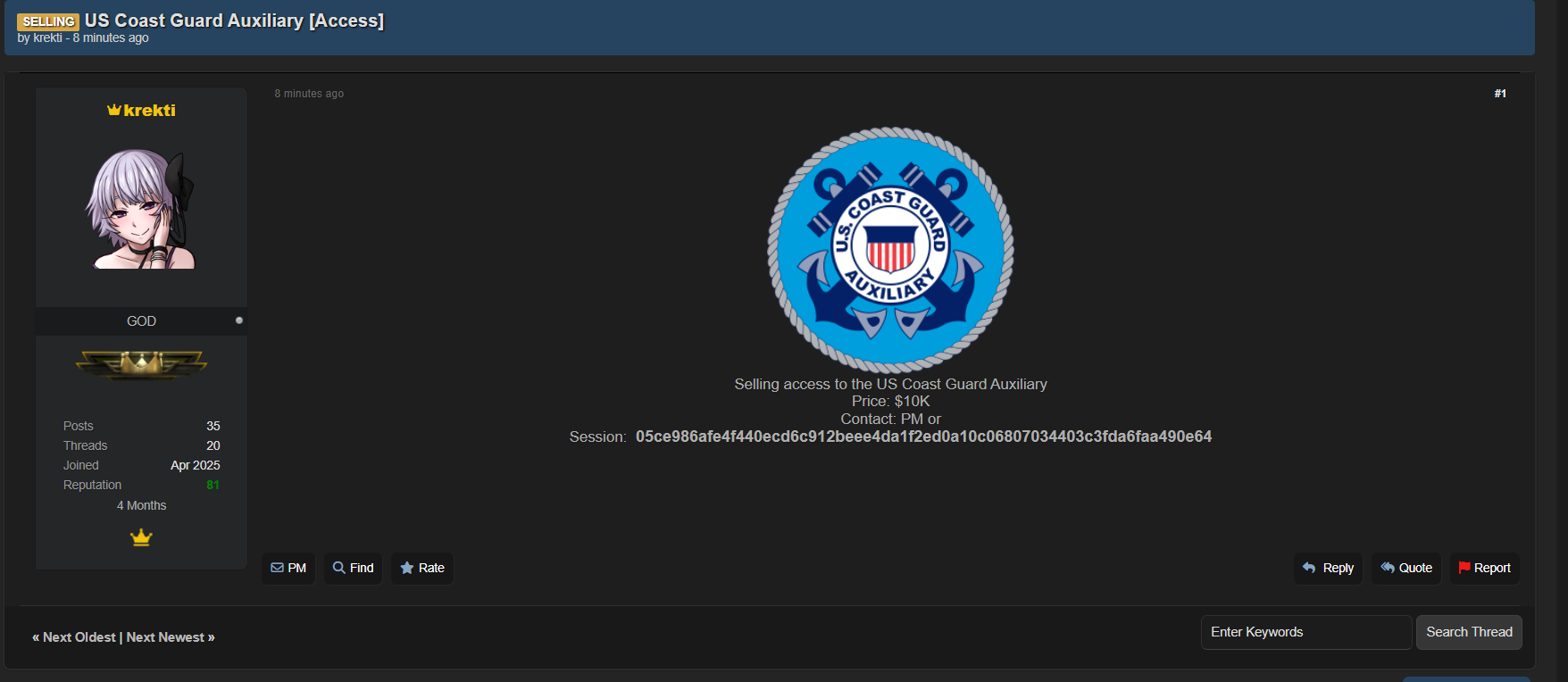 涉嫌出售美国海岸警卫队辅助人员的使用权-xLab 威胁情报