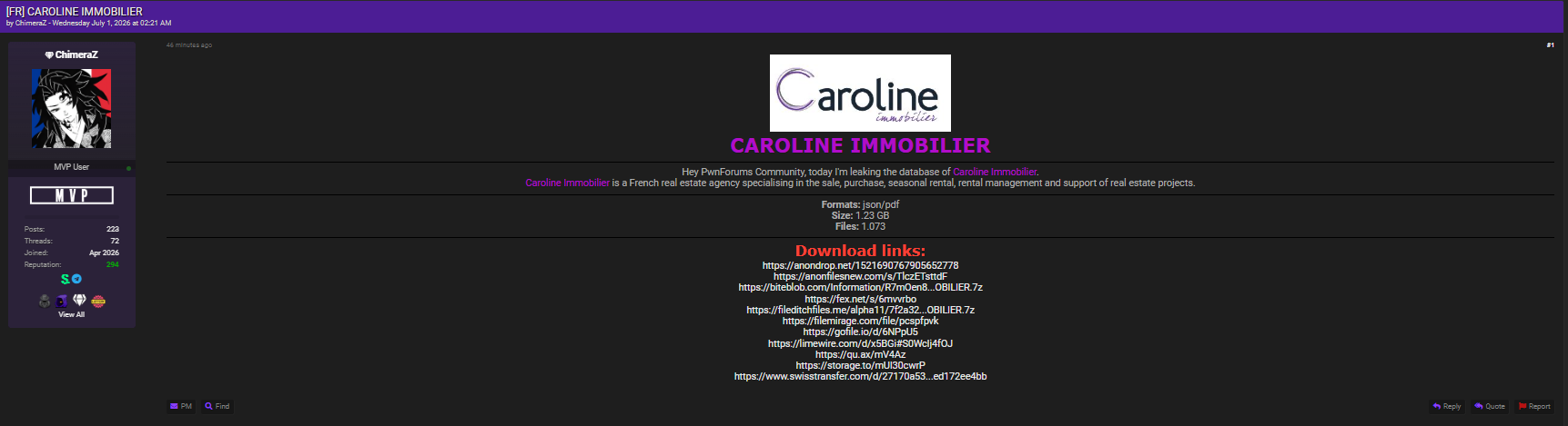 Alleged data breach of Caroline Immobilier-xLab 威胁情报