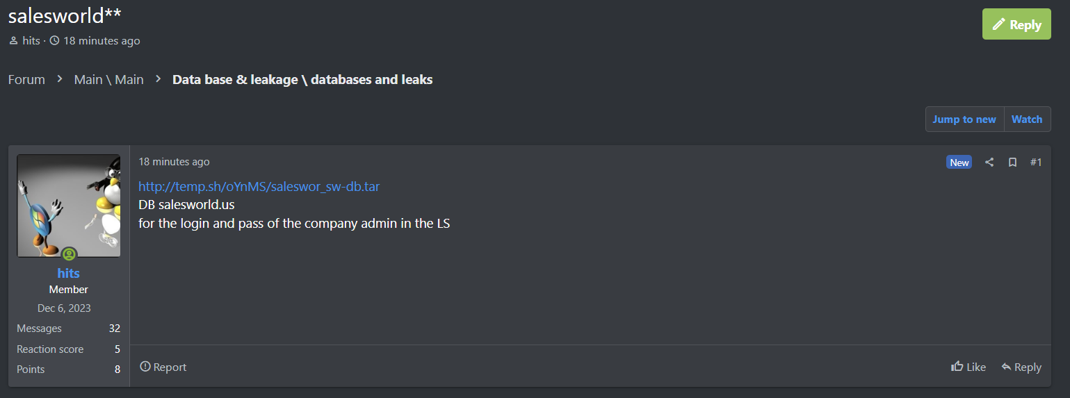 据称将admin acess出售给Salesworld-xLab 威胁情报