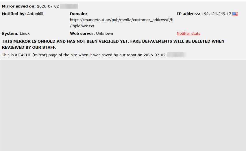 Antonkill targets the website of Mange Tout Gifts Trading LLC-xLab 威胁情报